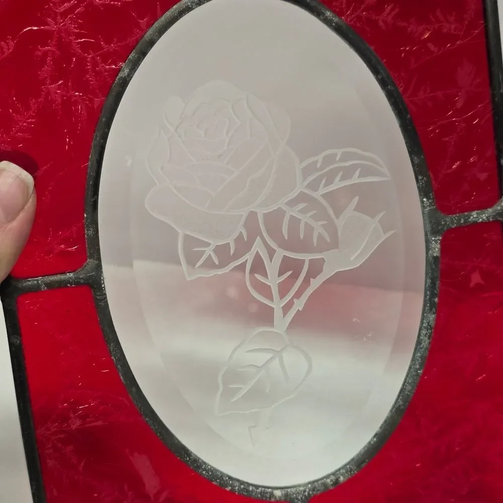 Vintage MCM Stained Glass Red And Clear Rose Suncatcher Window Panel